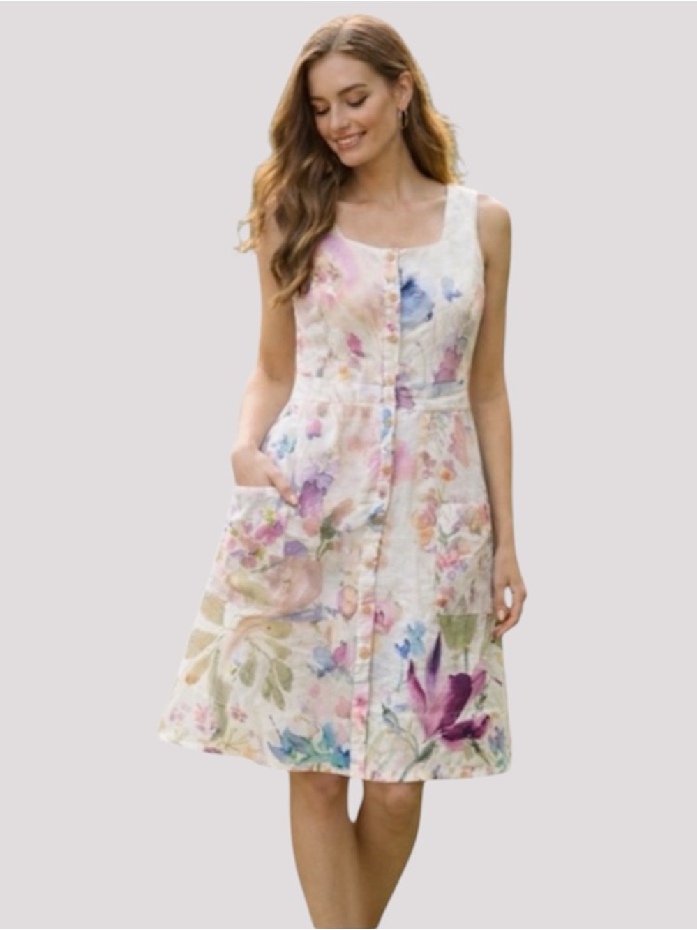 Dolcezza Linen Floral Art Midi Dress Small Watercolor Button Front Whimsical - Picture 1 of 13